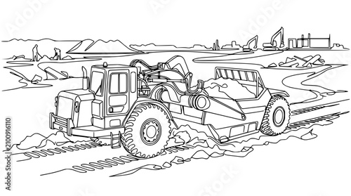 Obraz na płótnie Construction earthmover scraper digging and loading dirt at a large construction