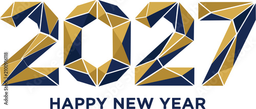 Modern Geometric Happy New Year 2027 Typography Design with Abstract Polygon Numbers on White Background