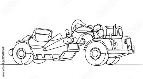 Tableau sur toile Continuous Line Drawing of Tow Truck Hauling Dune Buggy