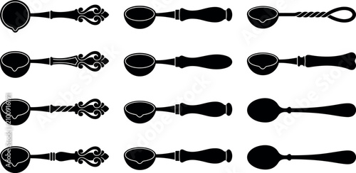 Obraz na płótnie Vintage wax seal melting spoon silhouette vector set featuring antique ornate ha