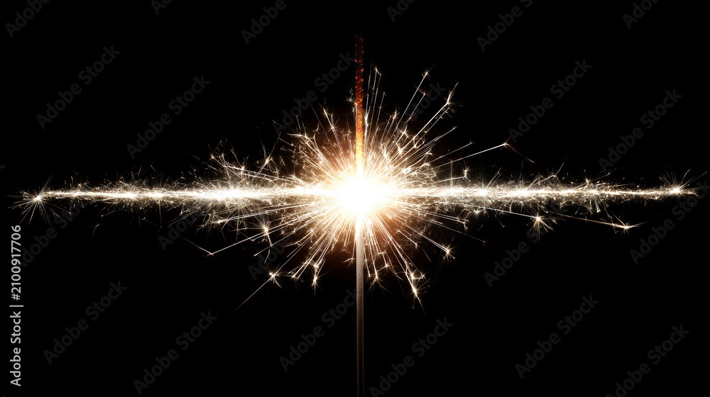 Fototapeta premium Burning sparkler emitting bright light and flying golden sparks on black background for new year party overlay and festive celebration