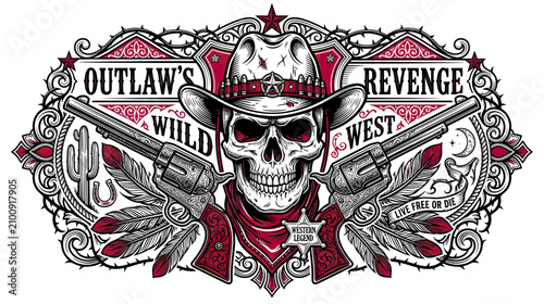 Valokuva Wild West Skull Cowboy Emblem with Guns and Cactus