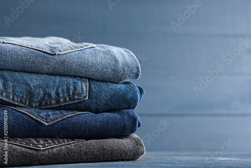 Stack of folded denim jeans...