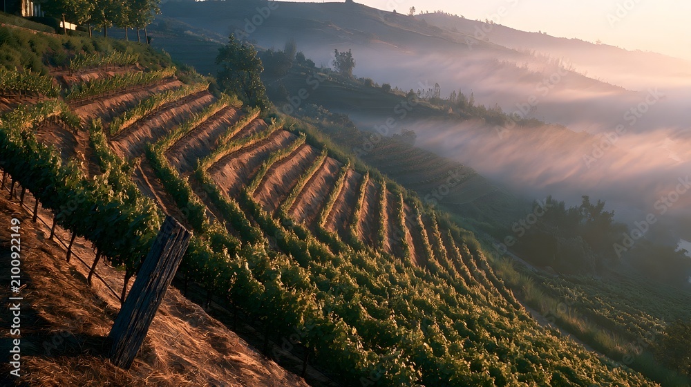 Fototapeta premium Weathered trellis post anchoring misty terraced vineyard at sunrise