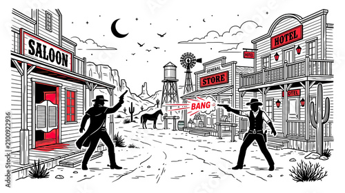 Fotografía Wild West Showdown between Cowboys in a Dusty Town