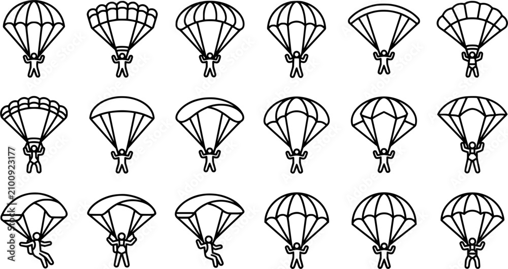 Naklejka premium Parachuting and Skydiving Outline Icon Set with Parachutes, Airborne People and Adventure Sport Symbols Isolated on White