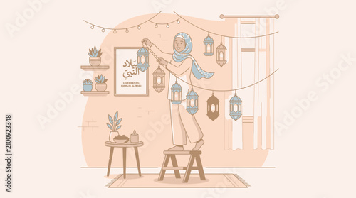Woman Decorating Home for Ramadan Kareem Celebration