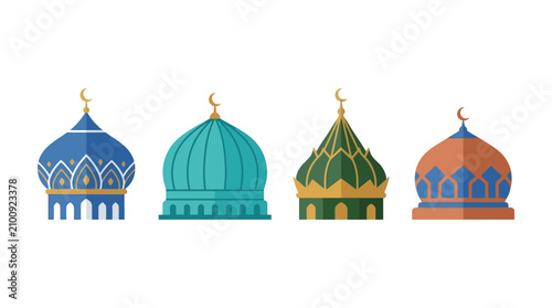 Set of Colorful Islamic Mosque Dome Icons and Architectural Elements
