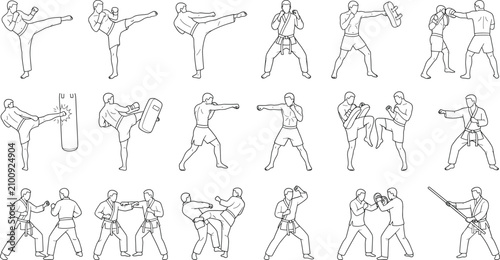 Bild auf Leinwand Hand Drawn Martial Arts Training Collection with Karate Boxing Kickboxing and Se