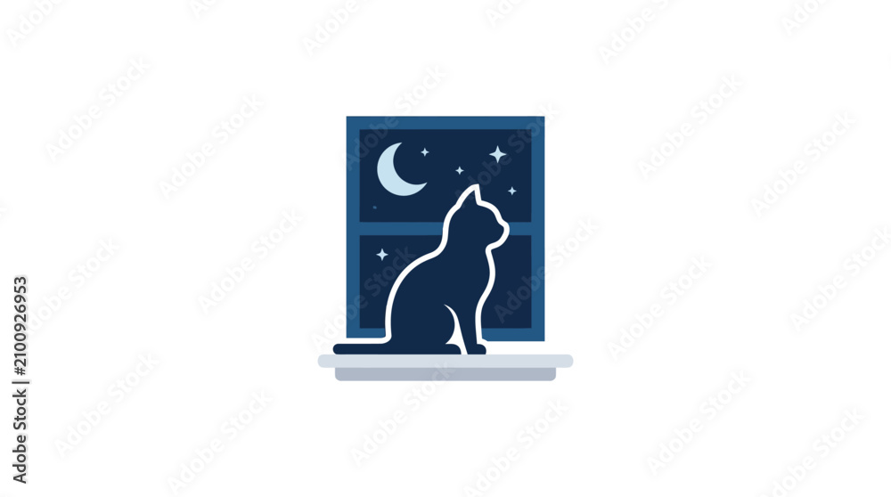 Fototapeta premium Silhouette of a cat sitting on a windowsill at night.