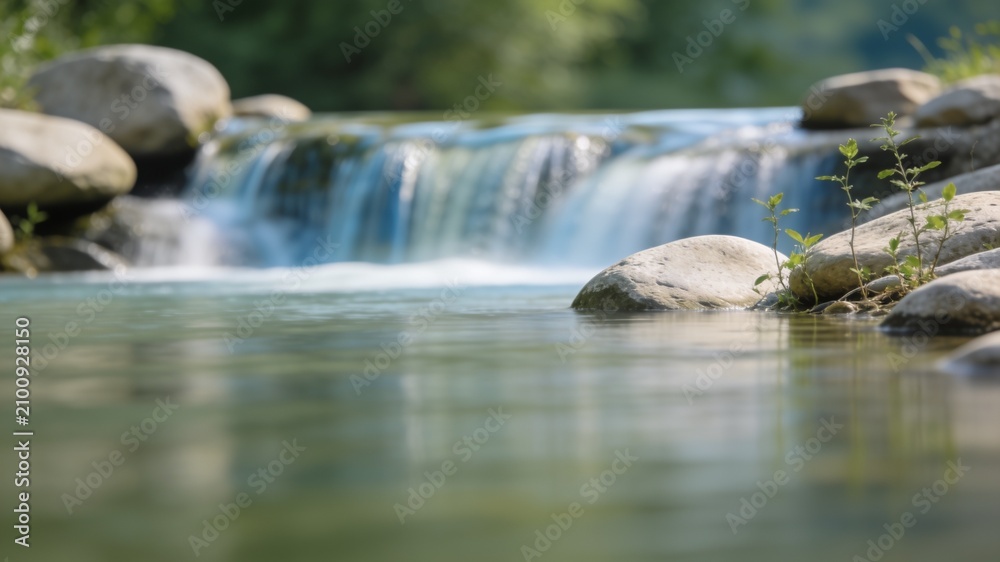 Obraz premium A serene, long-exposure shot of a small waterfall cascading over rocks into a calm pool of water, surrounded by lush greenery and smooth stones.