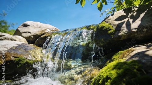 A small crystal-clear waterfall cascades over smooth, moss-covered rocks in a sunlit forest stream under a bright blue sky.