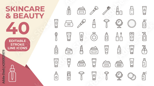Quadro su tela Vector illustration of 40 skincare and beauty icons in editable stroke