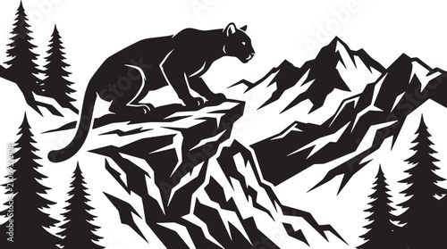 Canvas Print Silhouette of a Cougar Panther Perched on a Mountain Ledge with Pine Trees and P