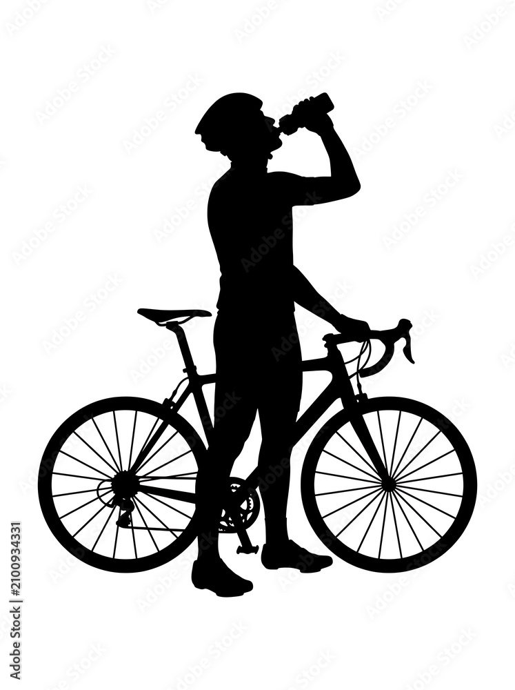 Fototapeta premium Silhouette of a cyclist standing with a bike and drinking water