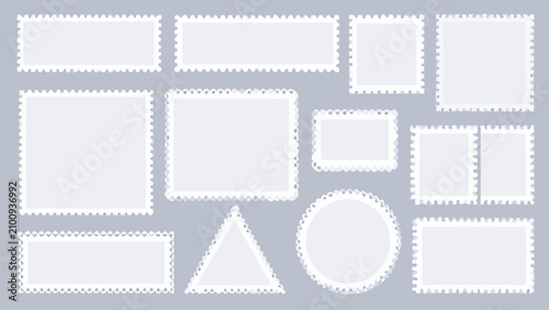 Collection Of Blank Postage Stamp Shapes On Light Gray Background