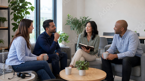 Customer Support Team Wellness Debrief in Relaxed Office Lounge