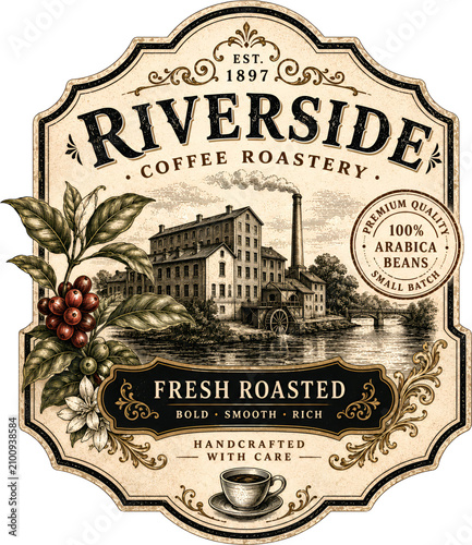 Vintage Riverside Coffee Roastery Label with Botanical Coffee Branch and Engraved Mill
