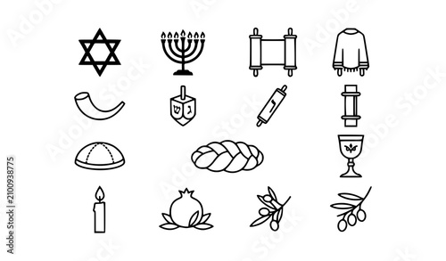 Foto Jewish culture line icon set with Star of David, menorah, shofar, torah, tallit,