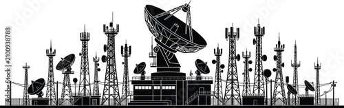Quadro su tela Telecommunication Tower and Satellite Dish Silhouette Set Featuring Radio Mast T