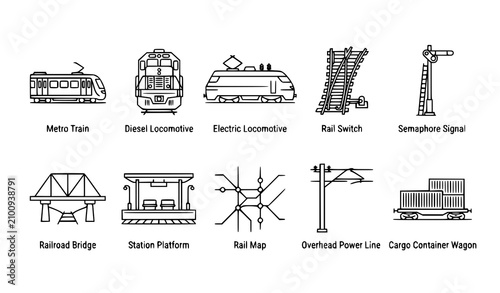 Konstfotografi Railway and train line icon collection with metro, diesel and electric locomotiv