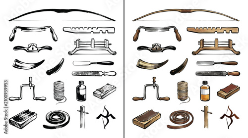 Φωτογραφία Collection of antique woodworking tools and crafting supplies, presented in both line art and color illustrations