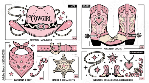 Konstfotografi Pink Cowgirl Hat, Boots, and Accessories Vector Art