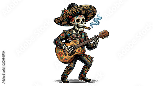Foto Skeleton Mariachi Musician Playing Guitar and Smoking