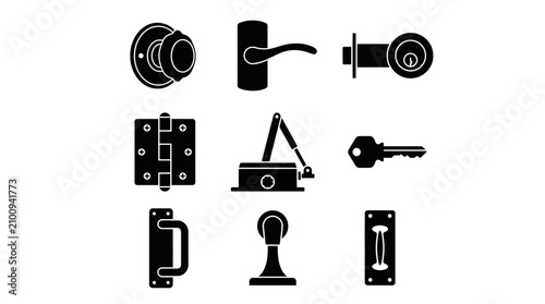 Door hardware and lock set icons on white background