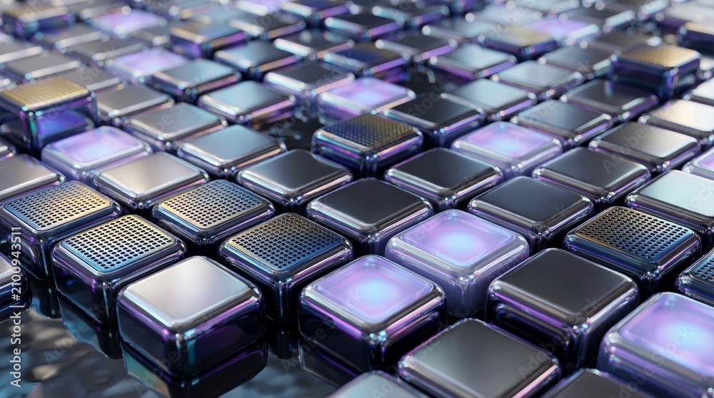 Fototapeta premium A high angle view of a repeating grid pattern made of glossy three dimensional metallic cubes featuring glowing purple light panels and intricate perforated textured surfaces in a rhythmic