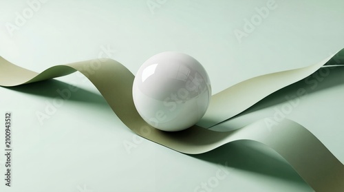 A smooth glossy white sphere rests centrally on top of long flowing curved paper ribbons in soft shades of sage green creating an elegant minimalist composition with clean geometric shapes