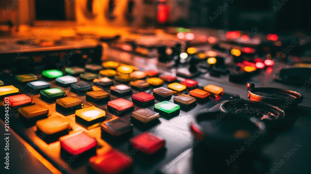 Fototapeta premium Close up of an illuminated control panel with many buttons