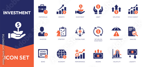 Set of investment solid icon. Investor, mutual fund, asset, risk management, and more.