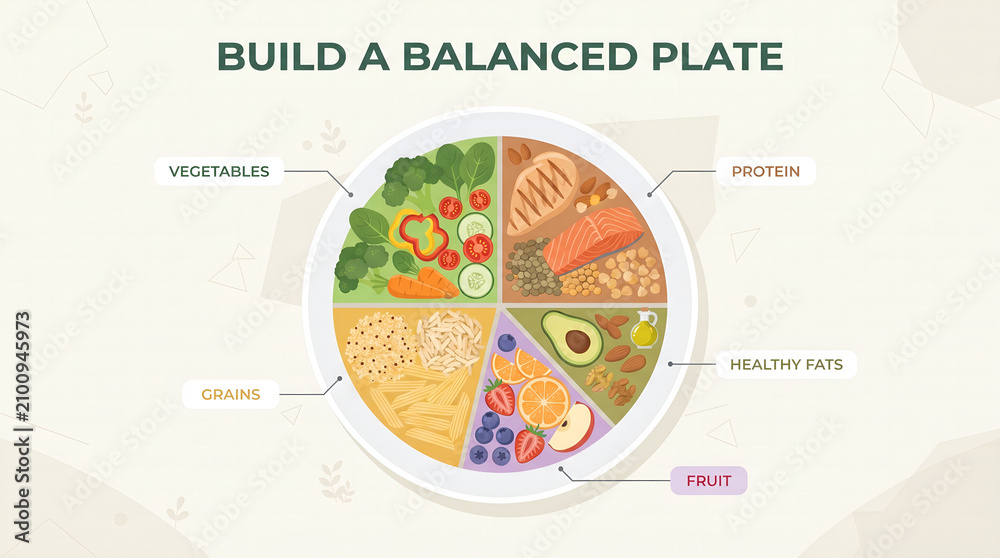 Naklejka premium Nutritional Guide Illustrating Recommended Daily Portion Sizes for Healthy Eating and Balanced Dietary Meal Planning