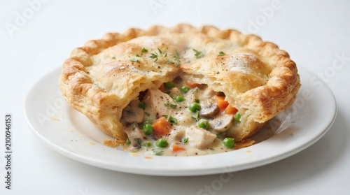 Close Up Golden Flaky Chicken Pot Pie Creamy Vegetables Sliced Crust White Plate

