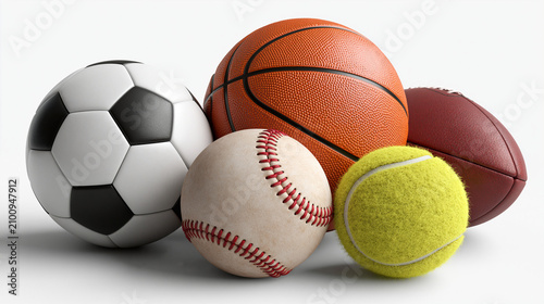 Collection of various sports equipment balls including soccer basketball american football tennis and baseball on white background.