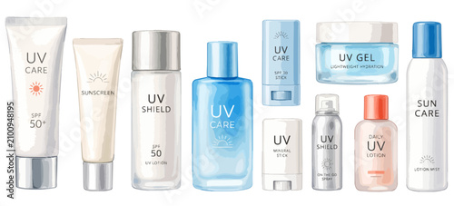 日焼け止めのイラストセット,水彩風のUVカットコスメ容器、チューブ・ローション・ジェル・スティック・UVスプレー、紫外線対策・サンケア販促POP素材、手描きイラスト集,ベクター,手描き風のUV対策グッズ・日焼けどめ,涼しげなブルーと白のパッケージのおしゃれな夏美容ツールバリエーション