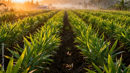Lush Tropical Ginger Farm with Healthy Green Plants at Sunrise