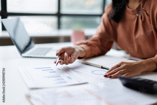 Bild auf Leinwand Professional woman analyzing financial data and business reports, using a pen to