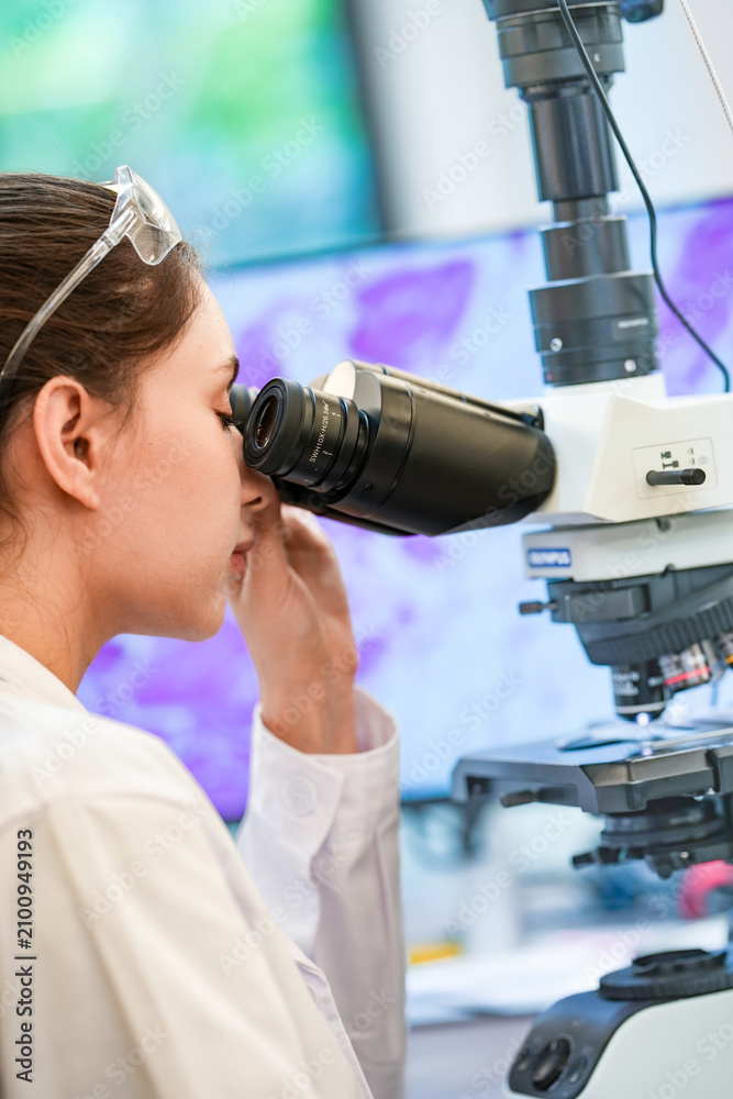 Obraz premium Medical pathologist adjusting microscope eyepiece for cancer diagnosis. Female scientist analyzing tissue biopsy sample in sterile hospital laboratory facility.