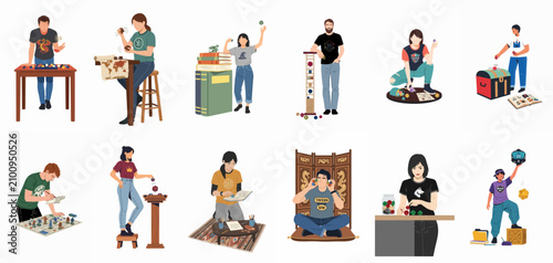 Fotografie Vector illustration collection of diverse people playing tabletop role-playing games with polyhedral dice, maps, miniatures, and rulebooks in various settings