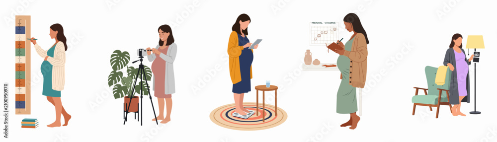 Obraz premium Collection of flat vector illustrations showing pregnant women tracking their health, vlogging, weighing themselves, planning, and documenting their pregnancy milestones at home.