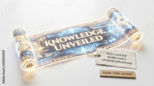 Glowing scroll displays knowledge unveiled with discover enrich understand tag