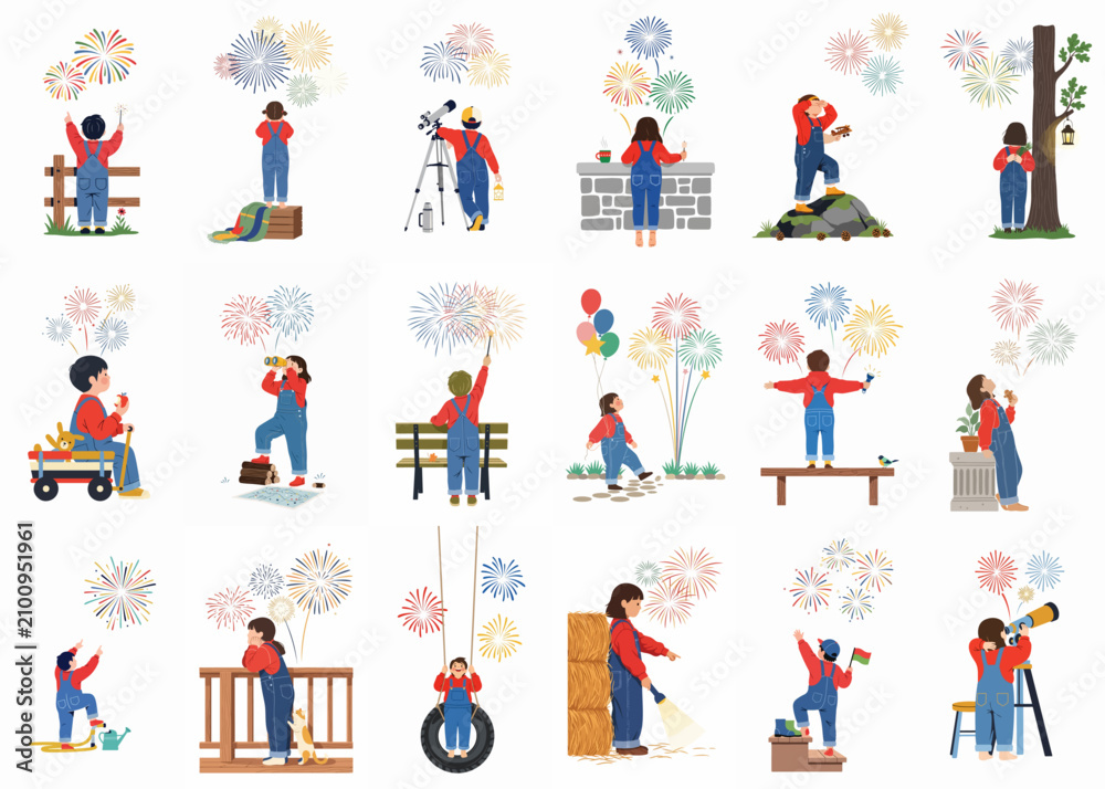 Fototapeta premium Set of vector illustrations featuring children in overalls watching colorful fireworks during festive outdoor celebrations like New Year or Independence Day.