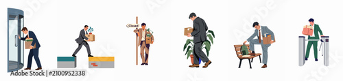 Billede på lærred Set of businessmen in suits carrying boxes after being fired or laid off, symbolizing job loss, unemployment, and economic crisis