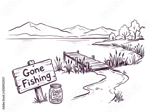 Fotografia A simple drawing shows a fishing bucket and a sign that reads Gone Fishing next