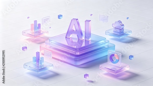 Plakat Transparent AI platform interface with cloud computing, business analytics dashboard, data visualization and digital communication, idea for artificial intelligence technology presentation