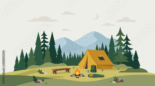 Minimalist flat mountain camping landscape background with outdoor tent pine forest banner