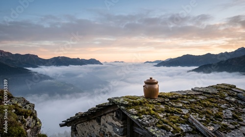 Fermented Jar Perched on Misty Rooftop Above Valley, Solitary Scene