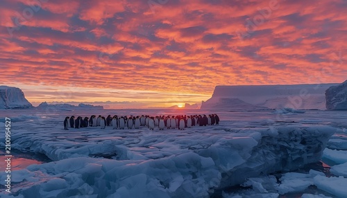 Penguin Colony Walking Across Ice During Dramatic Arctic Sunset Landscape